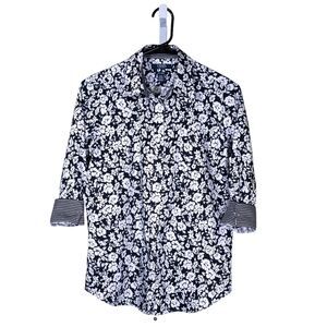 Chaps Ralph Lauren Womens Shirt Button Up Blue White Floral Striped Blouse Top S